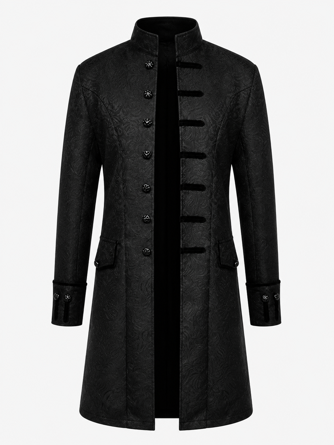 Long Black Jacquard Coat with Stand Collar
