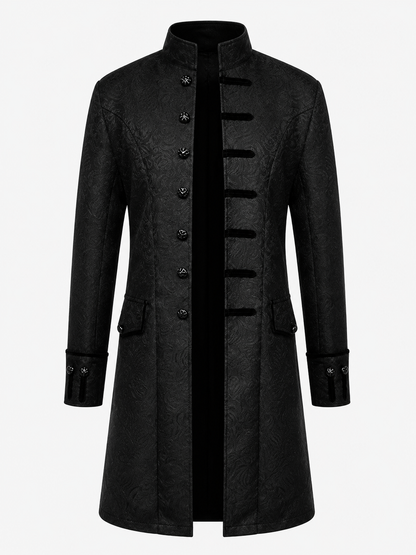 Long Black Jacquard Coat with Stand Collar