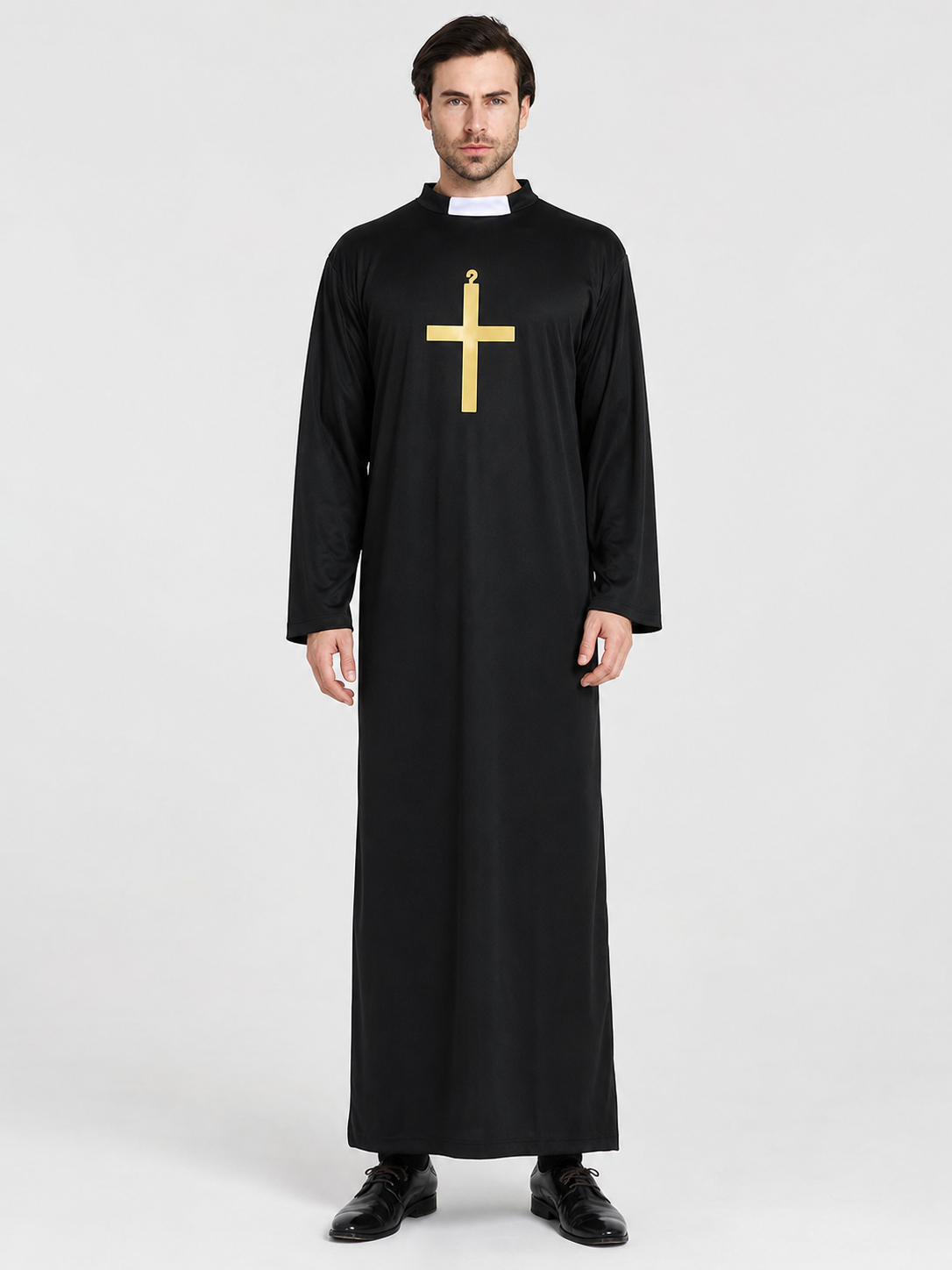 Halloween priest costume, black robe with collar