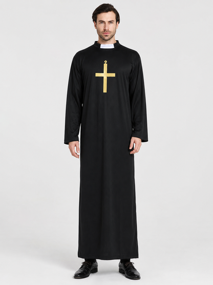 Halloween priest costume, black robe with collar