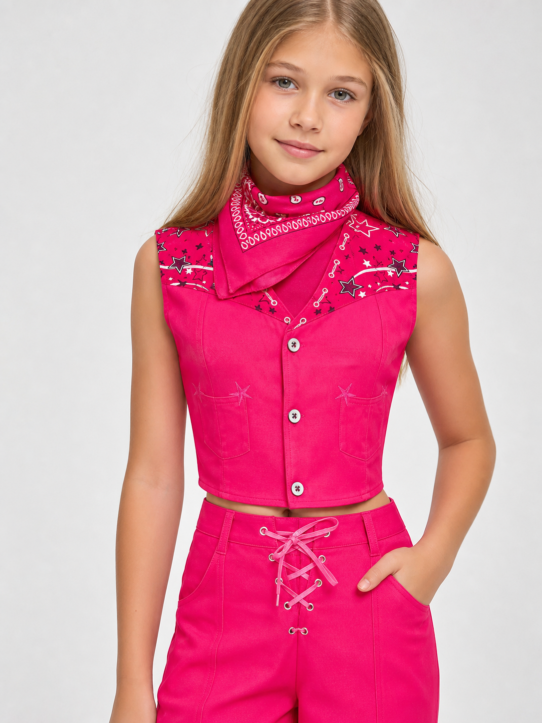 Barbie-style cosplay set consisting of two pieces: a cropped sleeveless top and flared-leg pants. The top resembles a vest with a front button closure, a decorative yoke, and a styled collar area. The pants have a high waist, front lacing, 