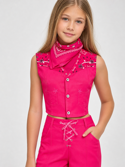 Barbie-style cosplay set consisting of two pieces: a cropped sleeveless top and flared-leg pants. The top resembles a vest with a front button closure, a decorative yoke, and a styled collar area. The pants have a high waist, front lacing, 