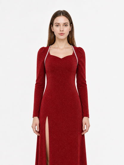 Shrek Costume: Red Long-Sleeve Maxi Dress front detail view 2