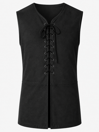 Black Long Lace-Up Vest with V-Neck