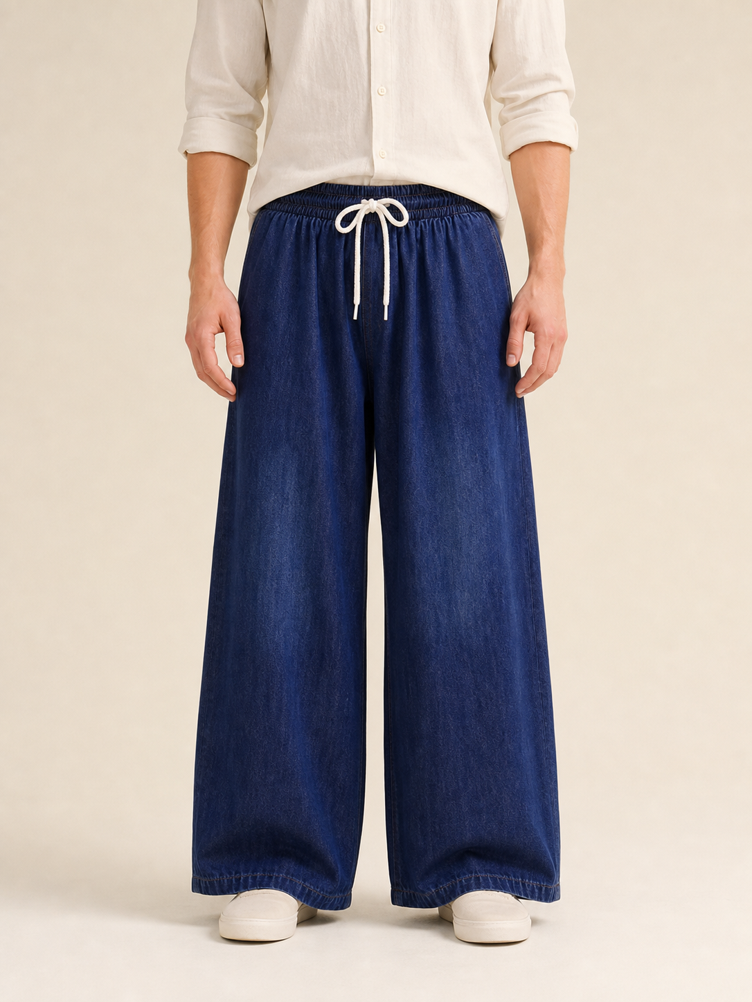 Wide-leg dark navy pants with drawstring