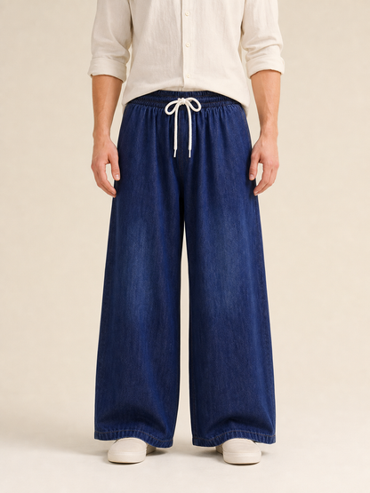 Wide-leg dark navy pants with drawstring