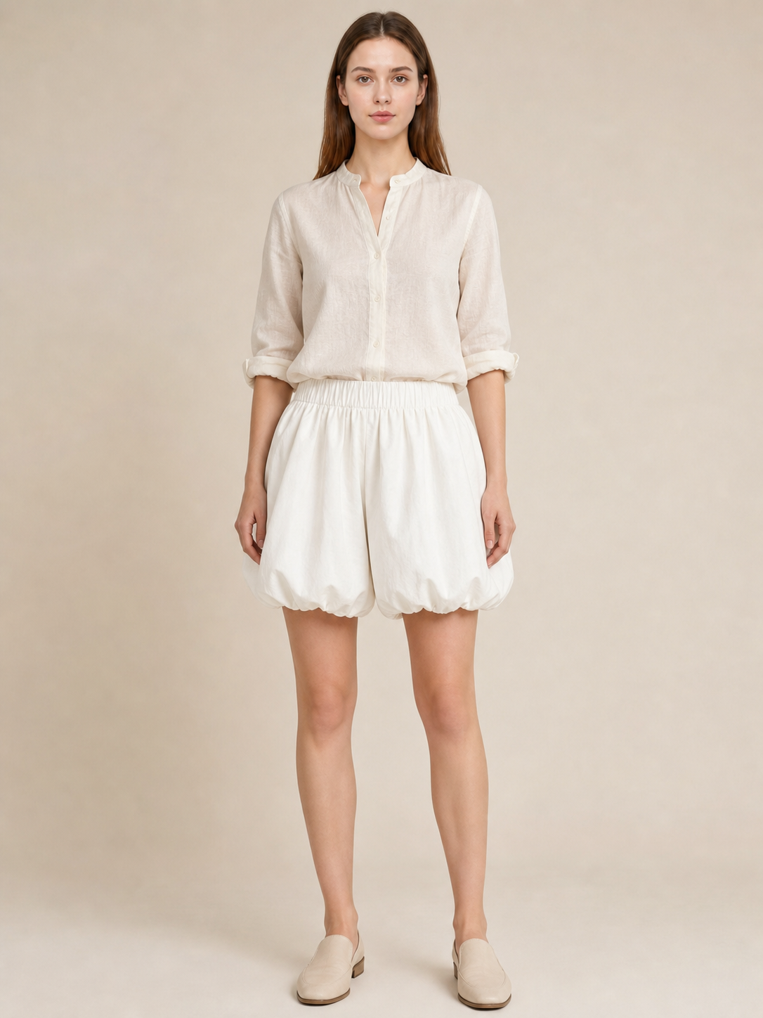 Women's White Balloon Shorts with Elastic Waistband