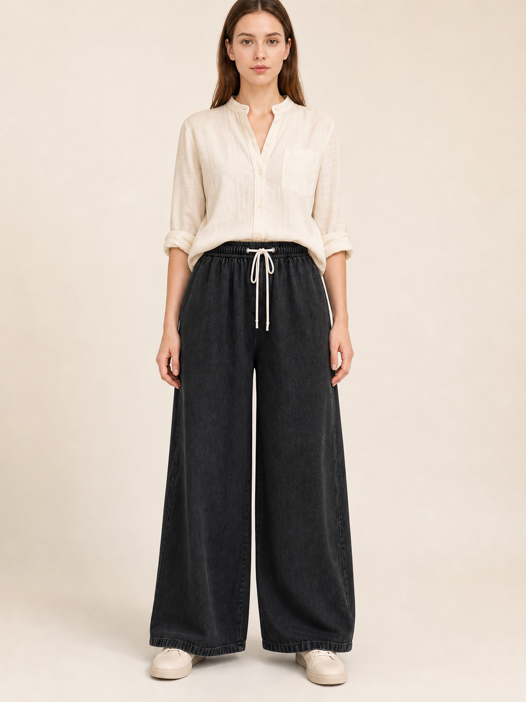 Wide Black Drawstring Pants with Pockets