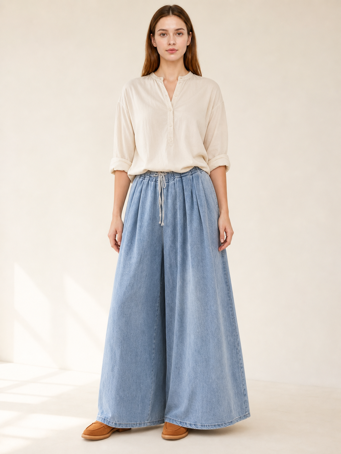 Light Blue Wide-Leg Jeans with Drawstring