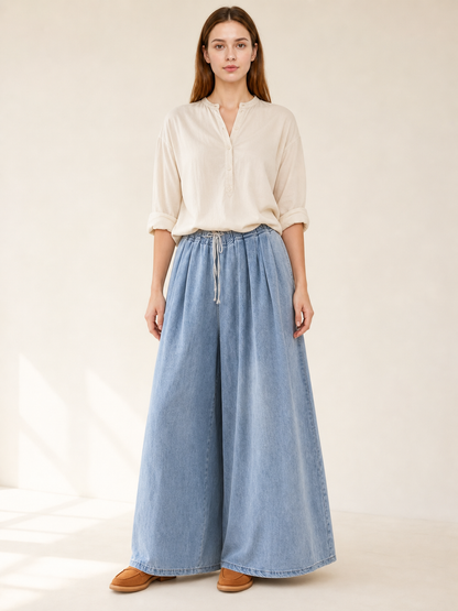 Light Blue Wide-Leg Jeans with Drawstring