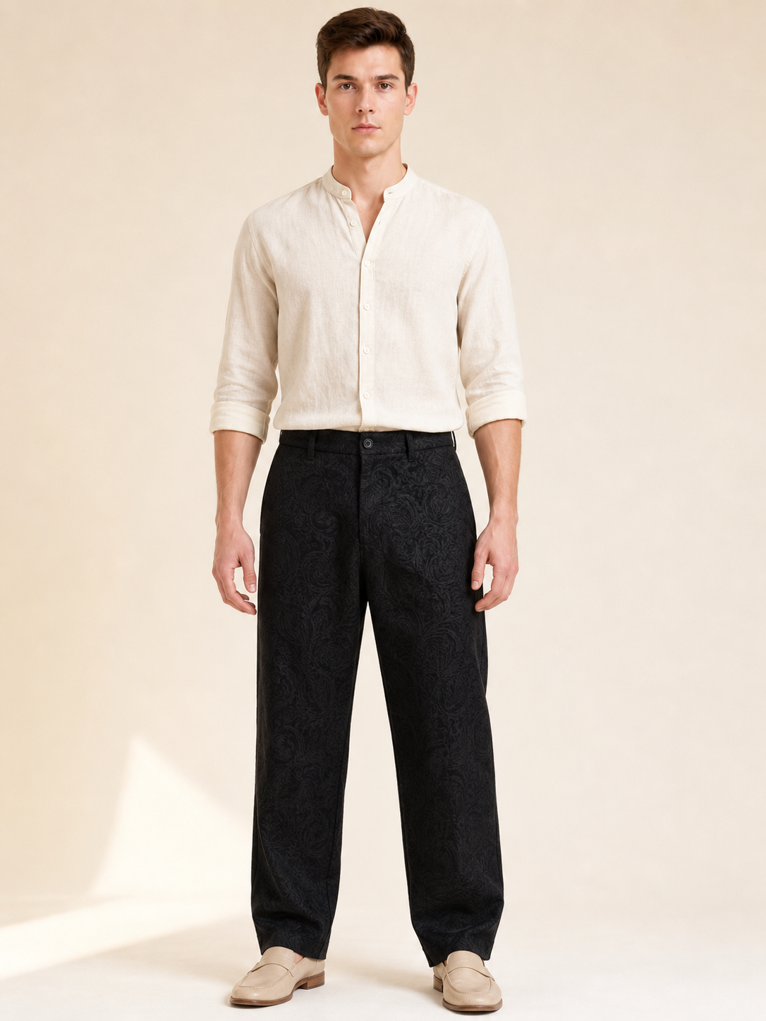 Men's Black Straight-Leg Jacquard Pants