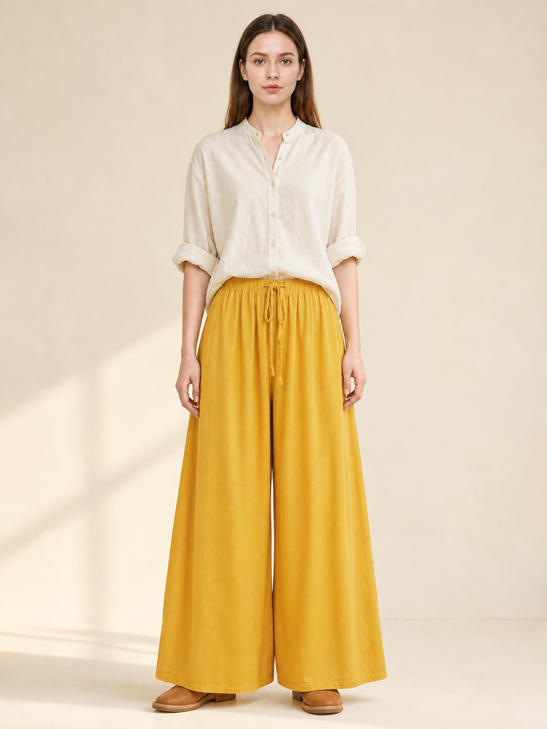Wide-Leg Yellow High-Waisted Pants with Drawstring