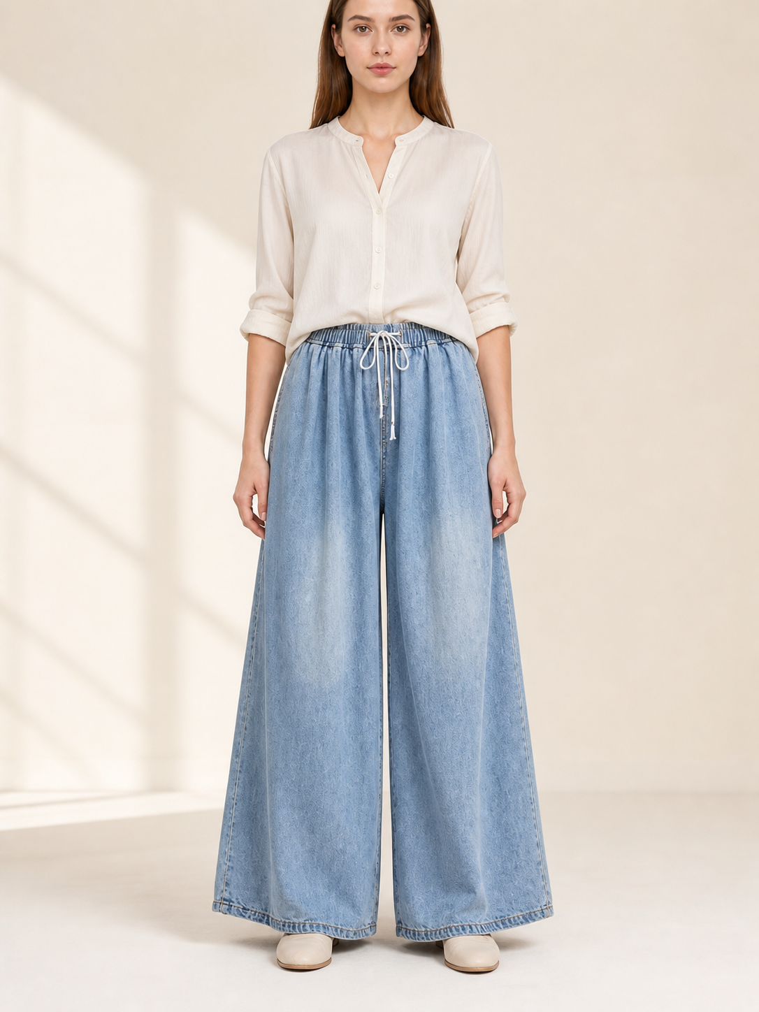 Light Blue Wide-Leg Pants with Drawstring and Pockets