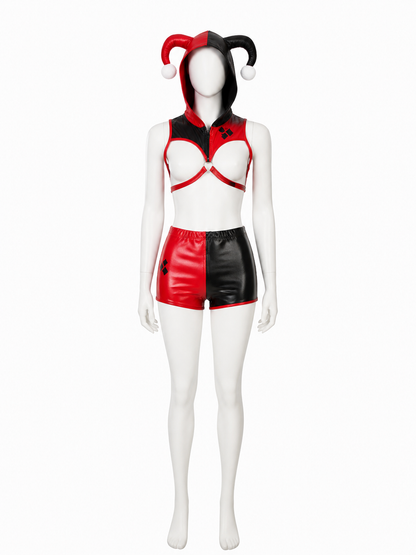 Men's Jester Circus Costume Set, Red Black Hooded Crop Top & Shorts with Gloves on-model Halloween scene view