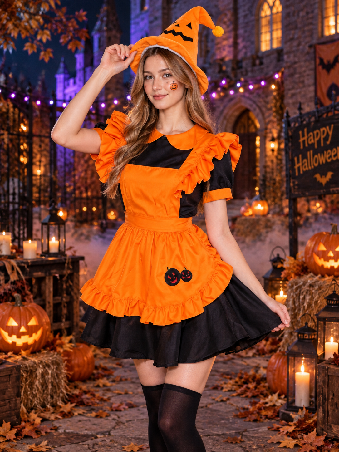Carnival costume with black dress and orange apron