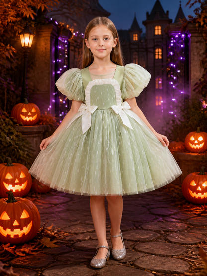 Girls' Light Green Organza Princess Dress, Puff Sleeve Layered Tulle Gown Costume Dresses detail 2