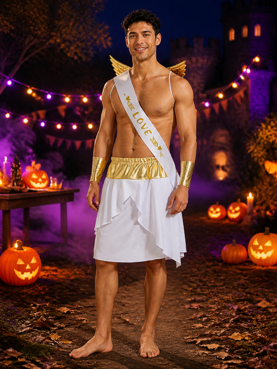 Men's Cupid Costume Dress, White and Gold Winged Asymmetrical Halloween Outfit Costume Dresses detail 2
