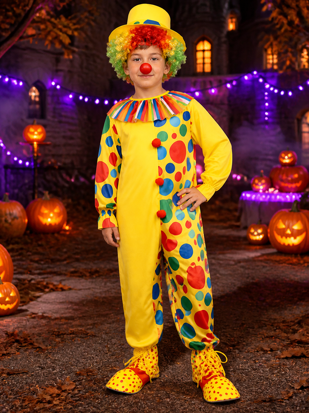 Boys' Clown Costume Set, Colorful Polka Dot Jumpsuit With Hat Costume Headwear detail 2