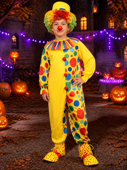 Boys' Clown Costume Set, Colorful Polka Dot Jumpsuit With Hat Costume Headwear detail 2