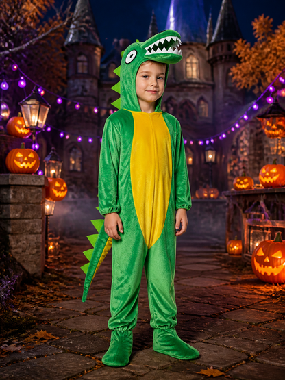 Kids Green Dinosaur Costume Bodysuit with Head Hood, Spikes and Tail for Costumes detail 2