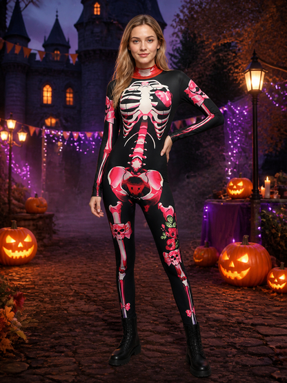 Long Sleeve High Neck Skeleton Bodysuit Costume With Pink Bow Print Costume Accessories detail 2