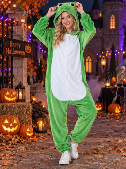 Green Hooded One-Piece Pajama with White Panel