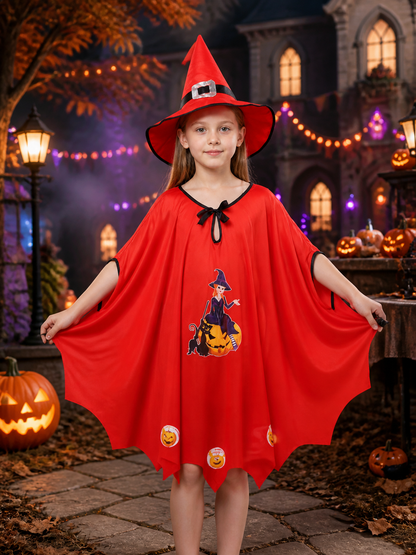 Kids' Wizard Costume Set, Red Witch Cloak with Black Cat Print and Pointed Hat Costume Capes detail 2