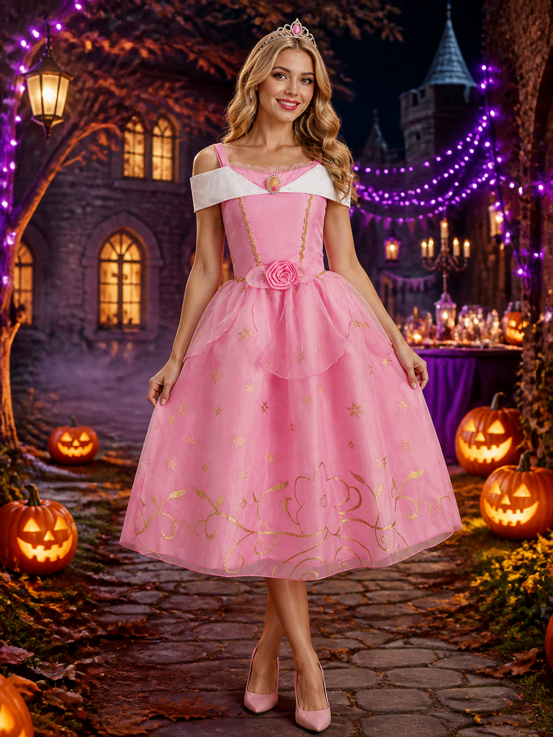 Girls Pink Princess Dress with Rose and Gold Embellishments, White Lace Collar Costume Dresses detail 2