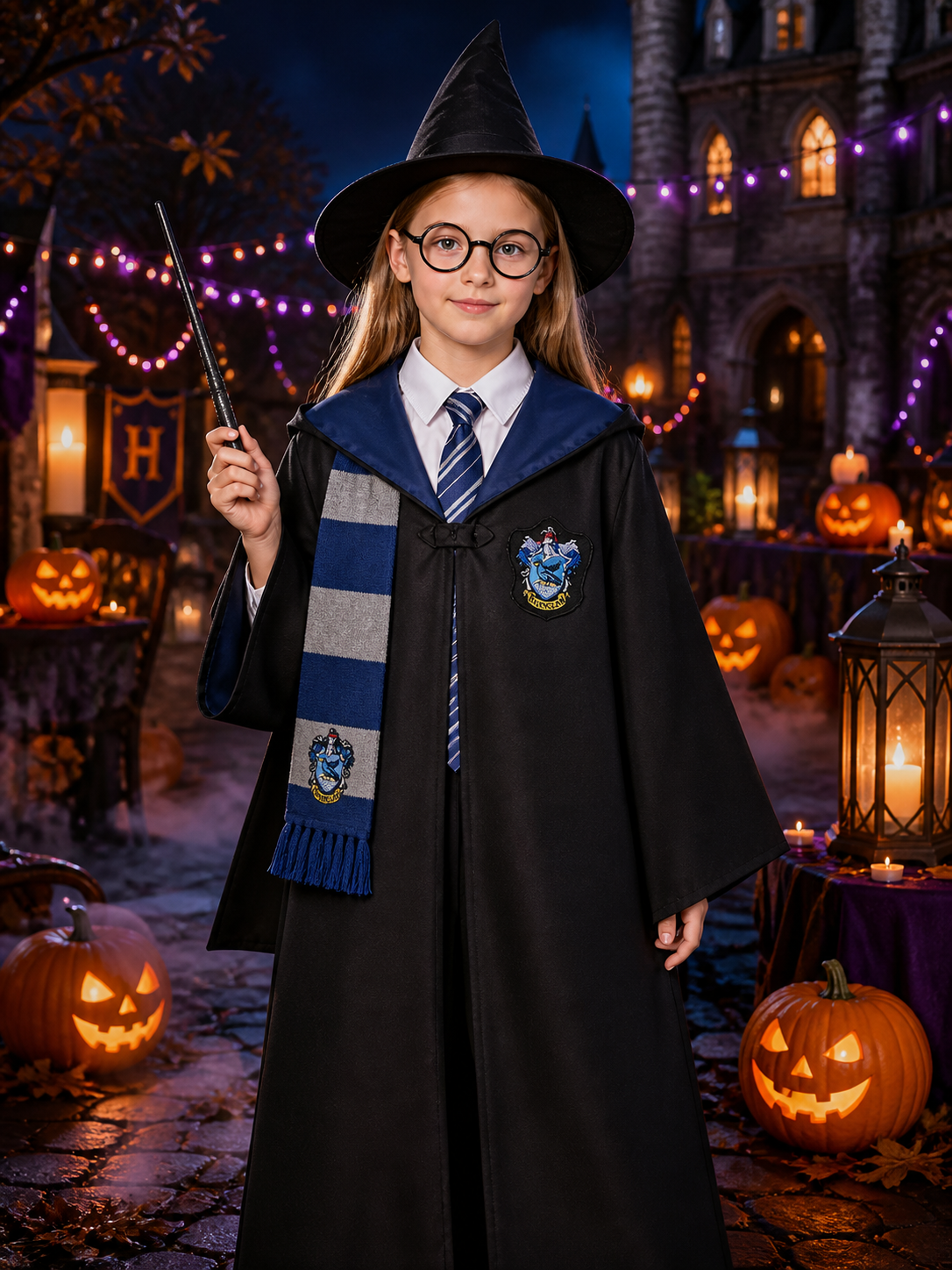 Wizard Cosplay Costume Set - Blue Robe with Scarf, Tie, Hat, Glasses and Wand Costume Headwear detail 2
