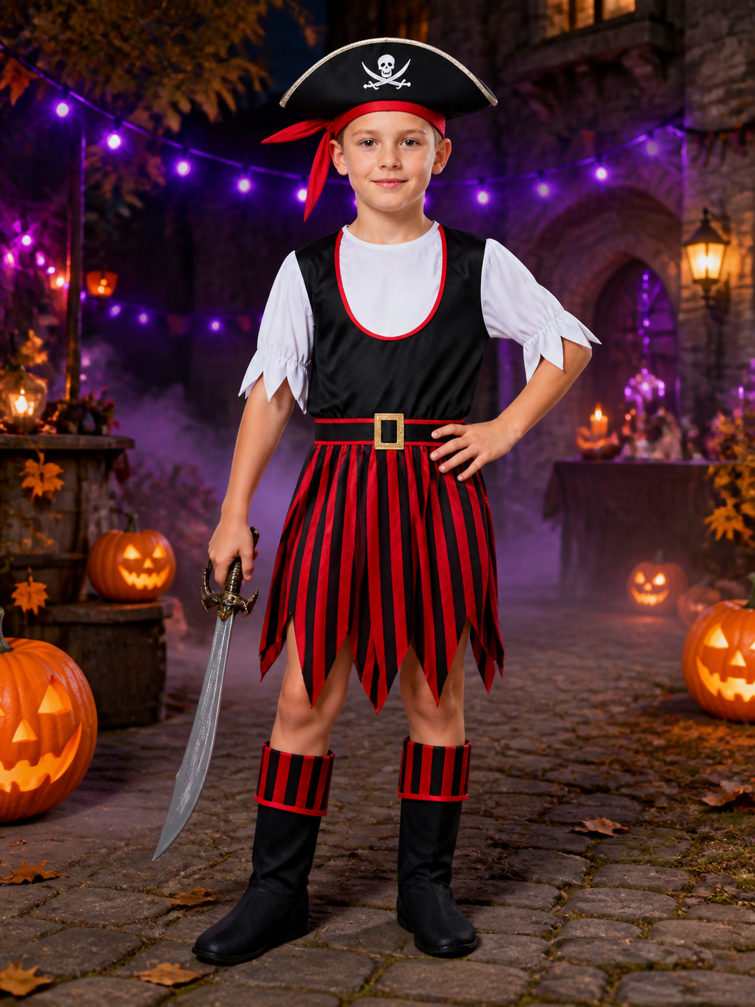 Boys Pirate Halloween Costume Set with Tricorn Hat, Headscarf & Boot Covers Costume Headwear detail 2