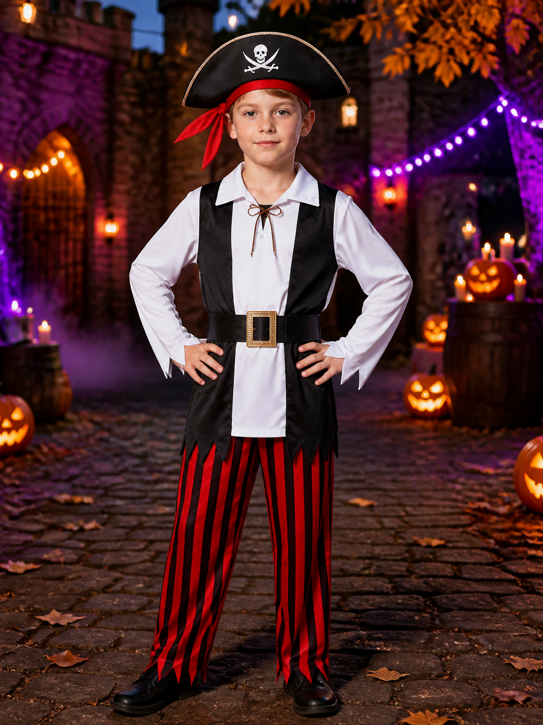Boy's Pirate Costume Set with Skull and Crossbones Hat and Belt Costume Headwear detail 2
