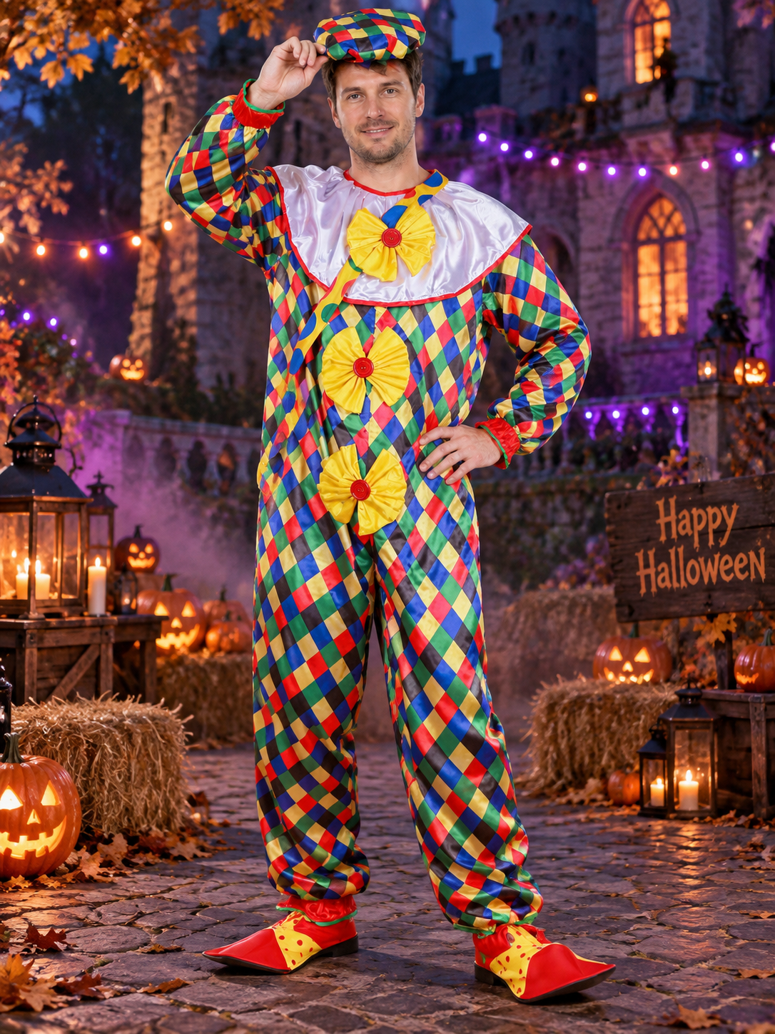 Adult Clown Costume, Colorful Jumpsuit, Hat