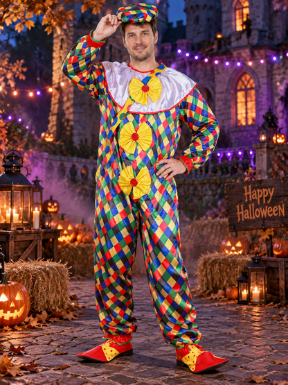 Adult Clown Costume, Colorful Jumpsuit, Hat