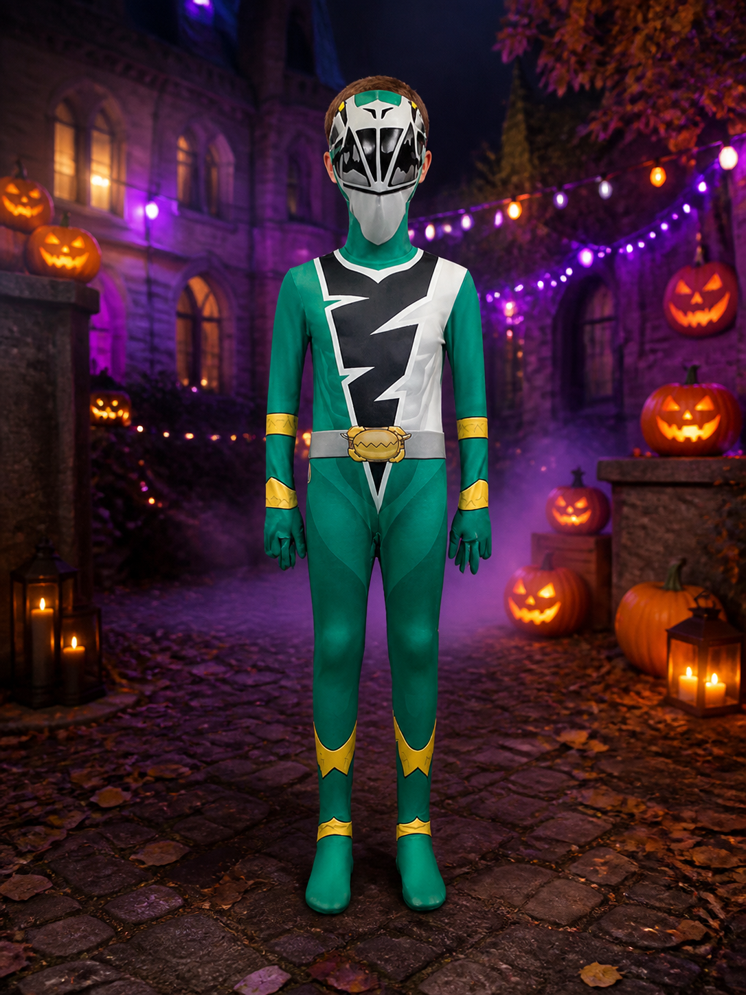 Unisex Green Ranger Bodysuit Costume with Mask, Lightning Print Halloween Outfit on-model Halloween scene view