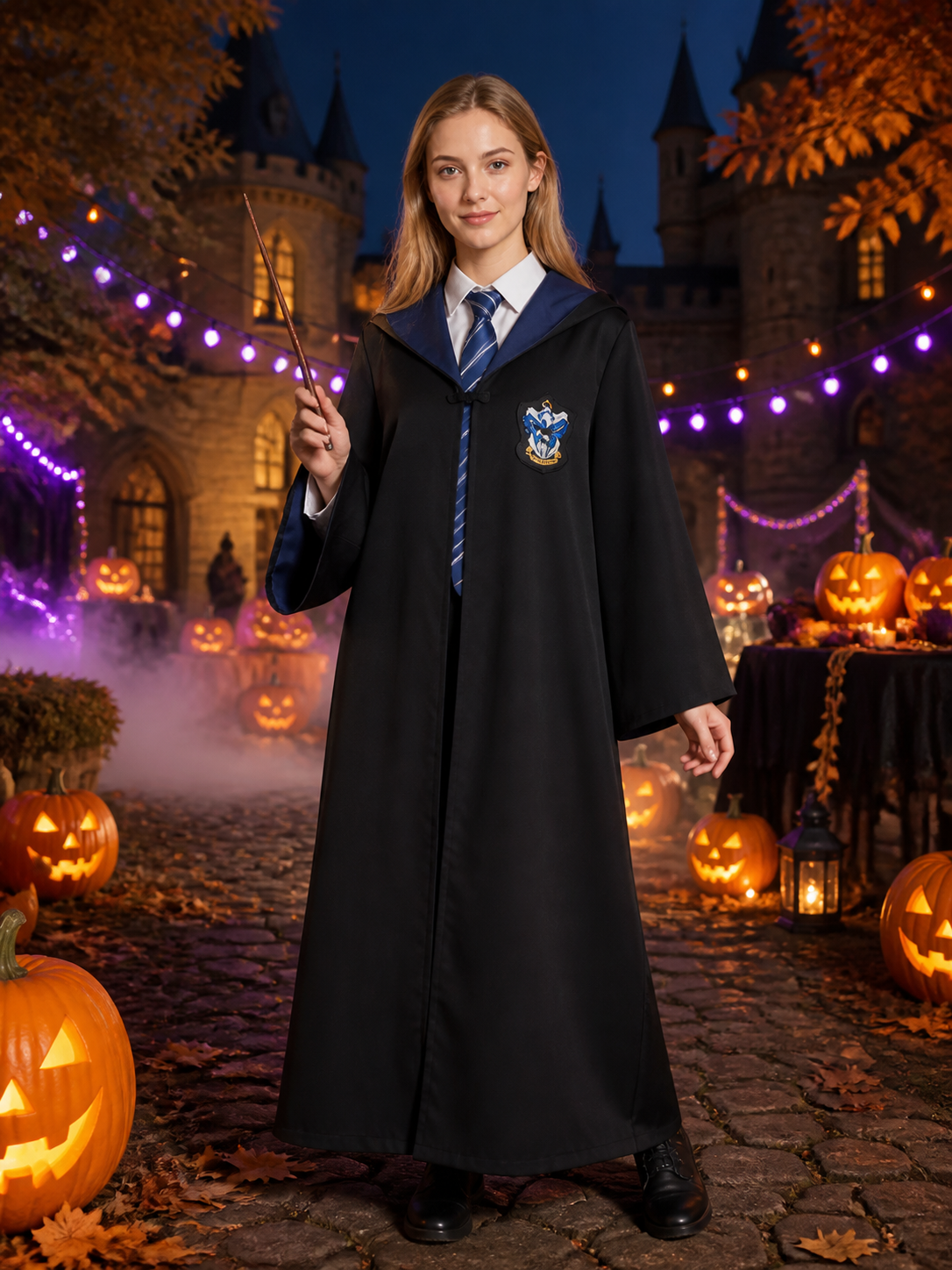 Wizard Hooded Robe Costume Set With Tie And Wand, Black Cosplay Halloween Outfit Costume Accessories detail 2