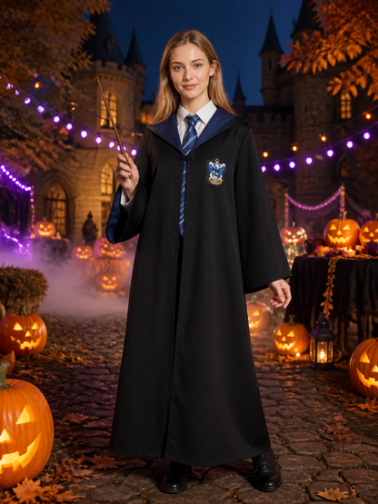 Wizard Hooded Robe Costume Set With Tie And Wand, Black Cosplay Halloween Outfit Costume Accessories detail 2
