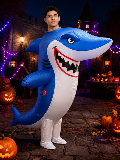Blue White Shark Inflatable Costume, Blow Up Halloween Suit with Fins Costumes detail 2