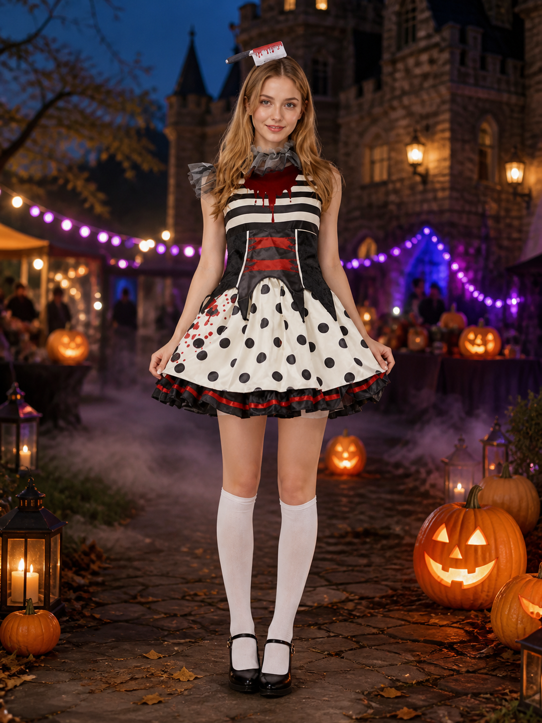Circus Clown Cosplay Dress with Polka Dot Skirt and Blood Drip Print for Costume Dresses detail 2