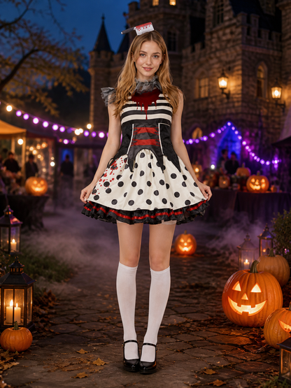 Circus Clown Cosplay Dress with Polka Dot Skirt and Blood Drip Print for Costume Dresses detail 2