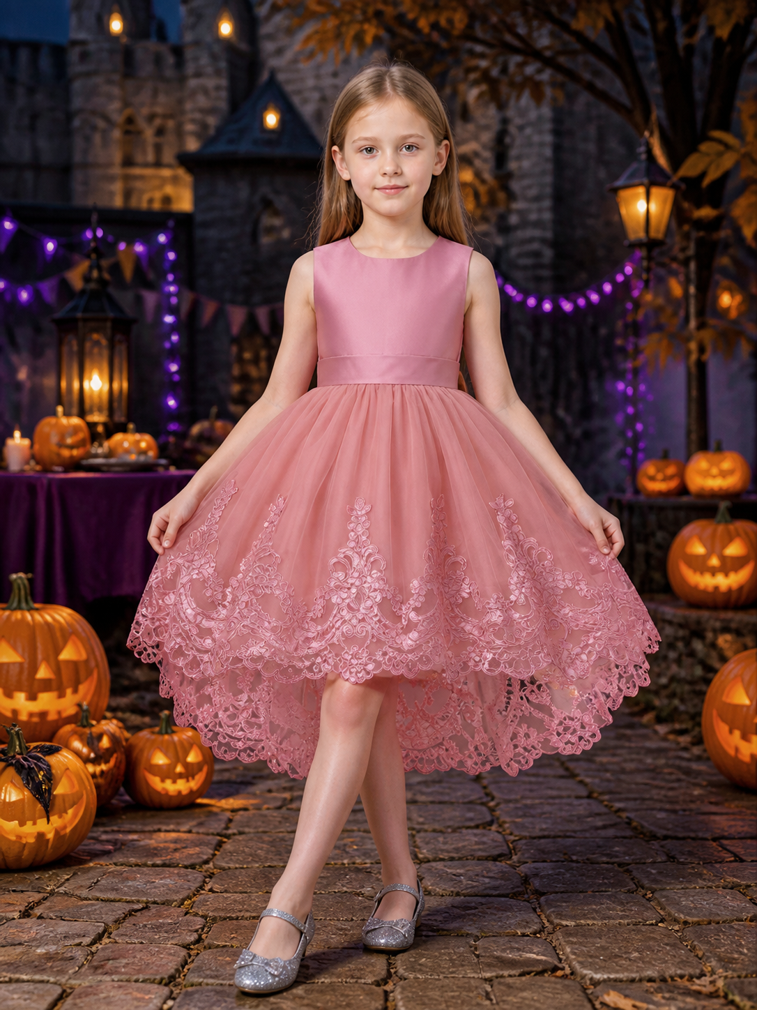 Girls' Dusty Pink Princess Flower Girl Dress, Lace-Embroidered Tulle Gown Costume Dresses detail 2