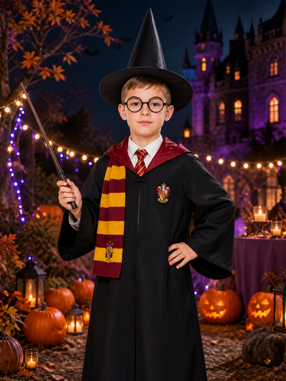Wizard Robe Costume Set With Hooded Cloak, Hat, Glasses, Tie, Scarf And Wand Costume Capes detail 2