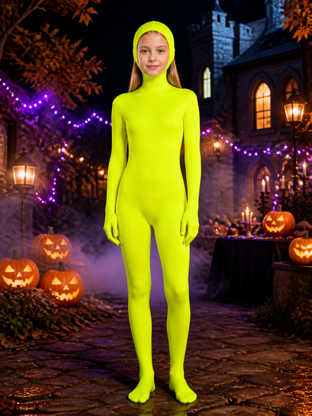 Unisex Fluorescent Yellow-Green Hooded Zentai Suit Costume for Stage Performance