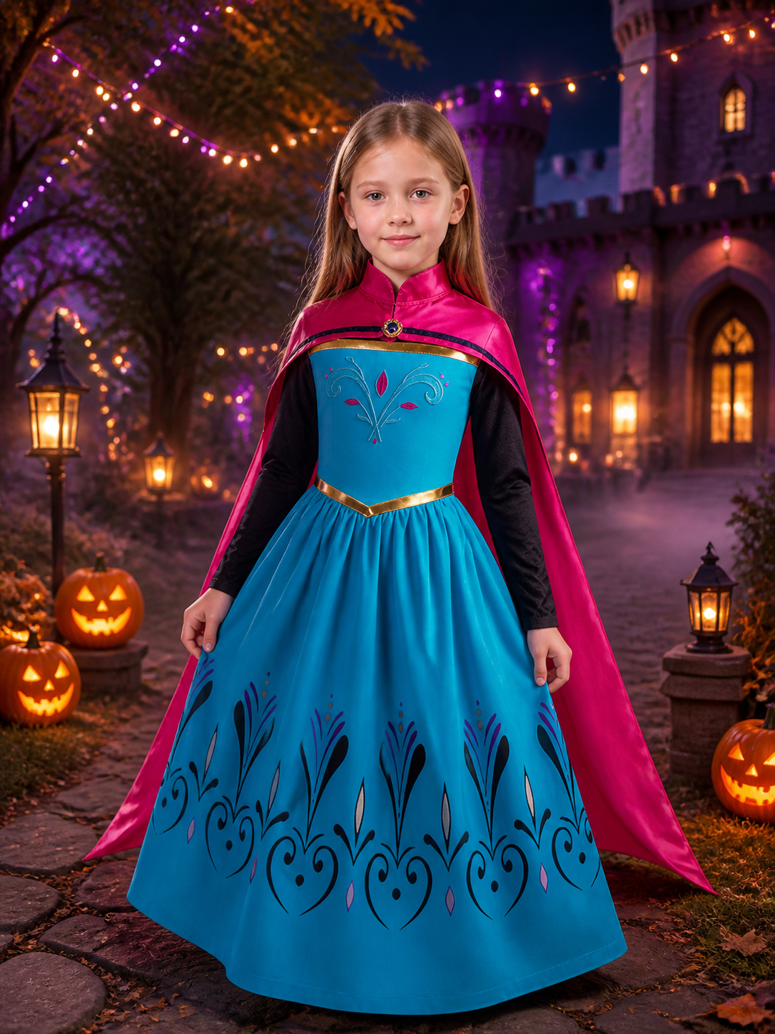Kids Princess Costume Dress with Pink Cape, High Collar and Gold Details Costume Dresses detail 2