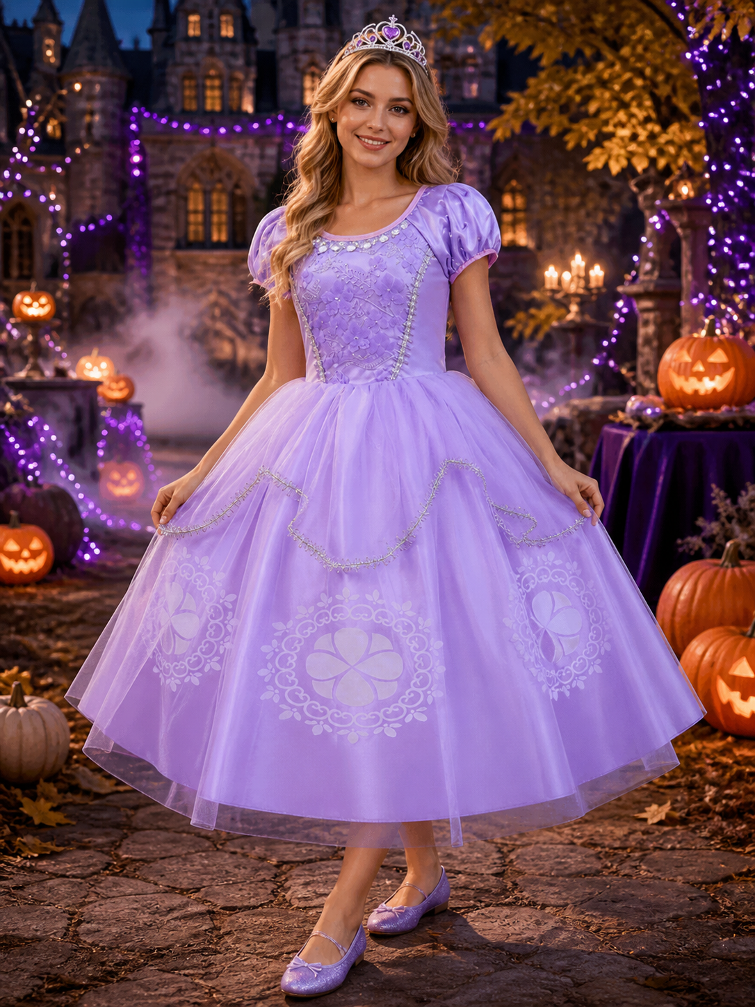 Sofia Princess Costume Set for Girls, White Purple Puffy Dress with Crown and Costume Dresses detail 2