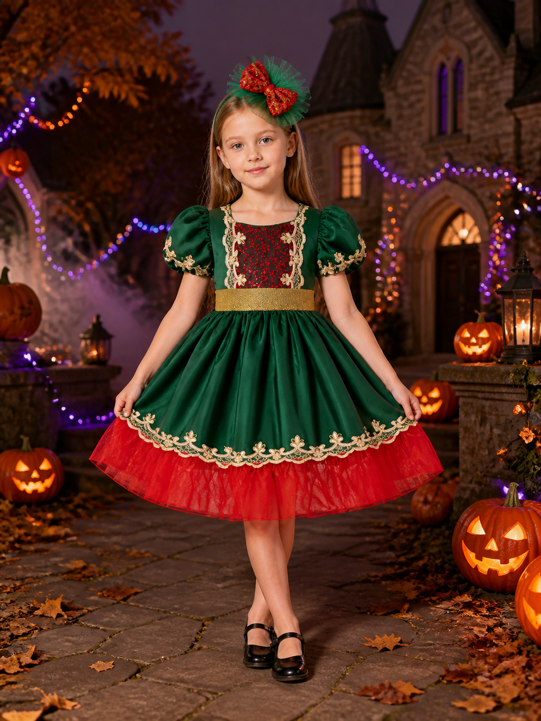 Girls' Christmas Princess Dress, Sequined Red and Green Tulle Party Outfit Costume Dresses detail 2