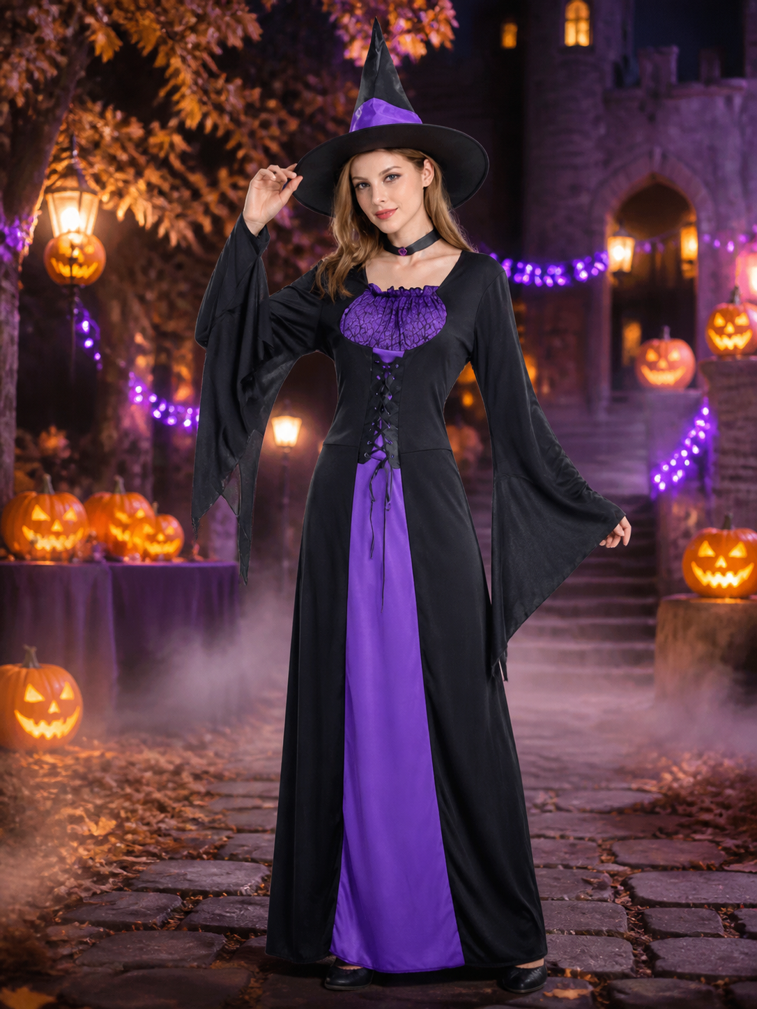 Witch Costume with Hat and Flared Sleeves for Halloween Costume Headwear detail 2