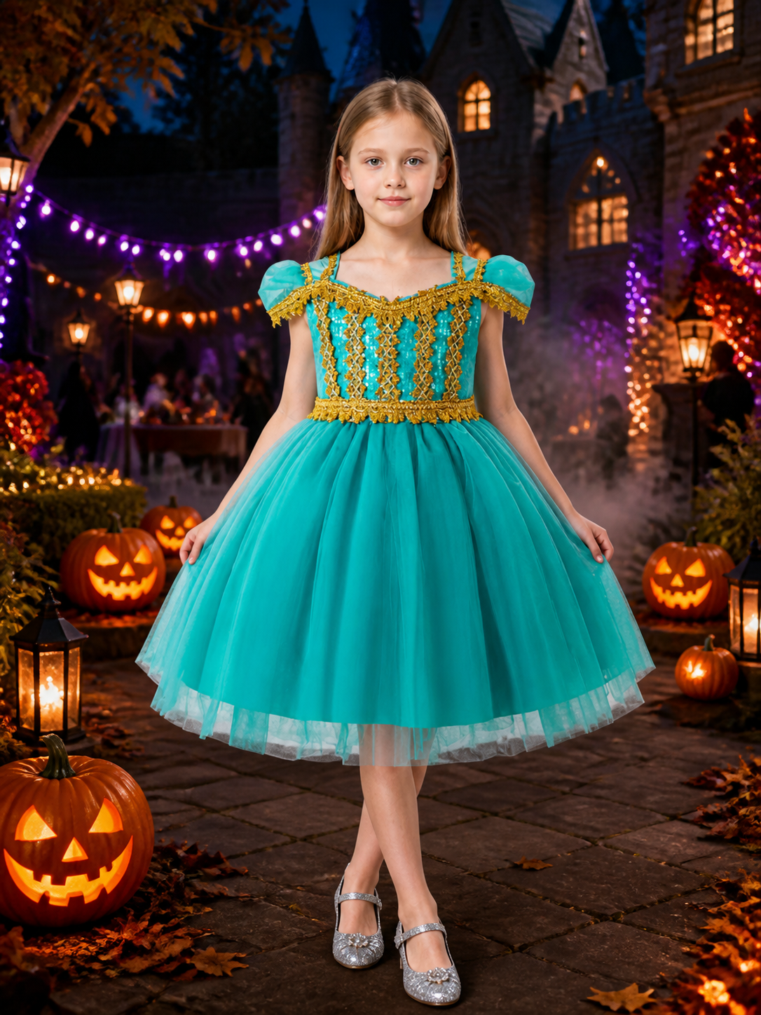 Girls' Princess Costume Dress With Sequined Bodice, Gold Trim And Tulle Skirt Costume Dresses detail 2
