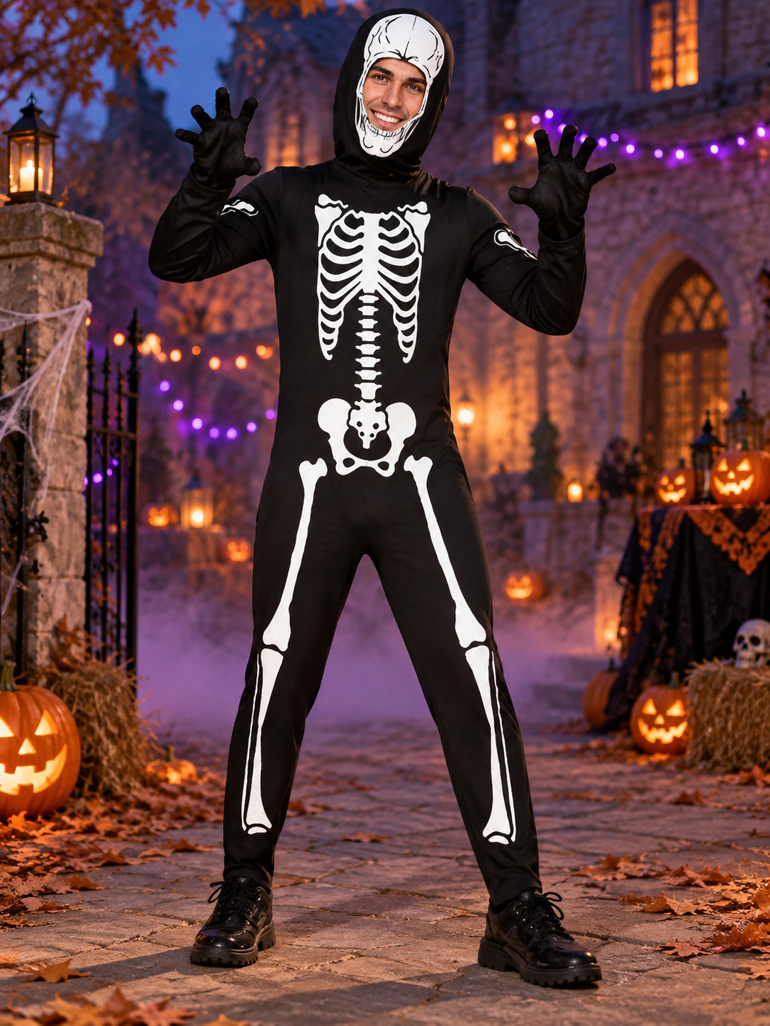 Kids' Skeleton Halloween Costume Black with Hood