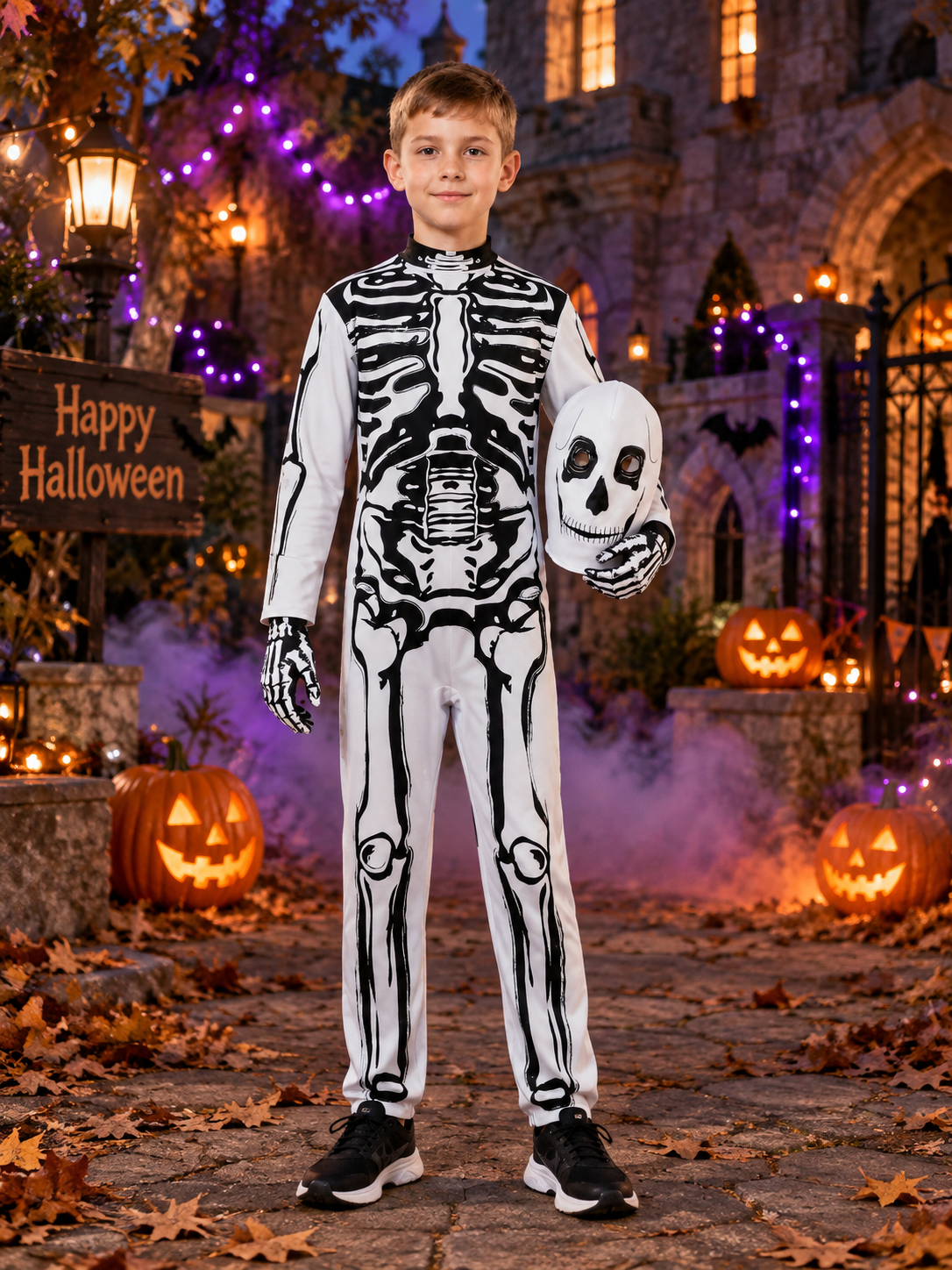 Skeleton Halloween Costume: White Jumpsuit, Skull Mask