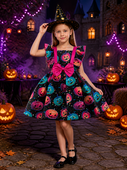 Girls' Witch Costume Dress Set With Pumpkin Print, Ruffle Sleeves And Hat Costume Dresses detail 2